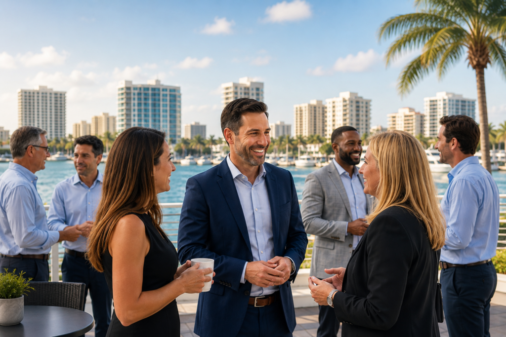 Business professionals networking outdoors in Sarasota, Florida at a local business networking event